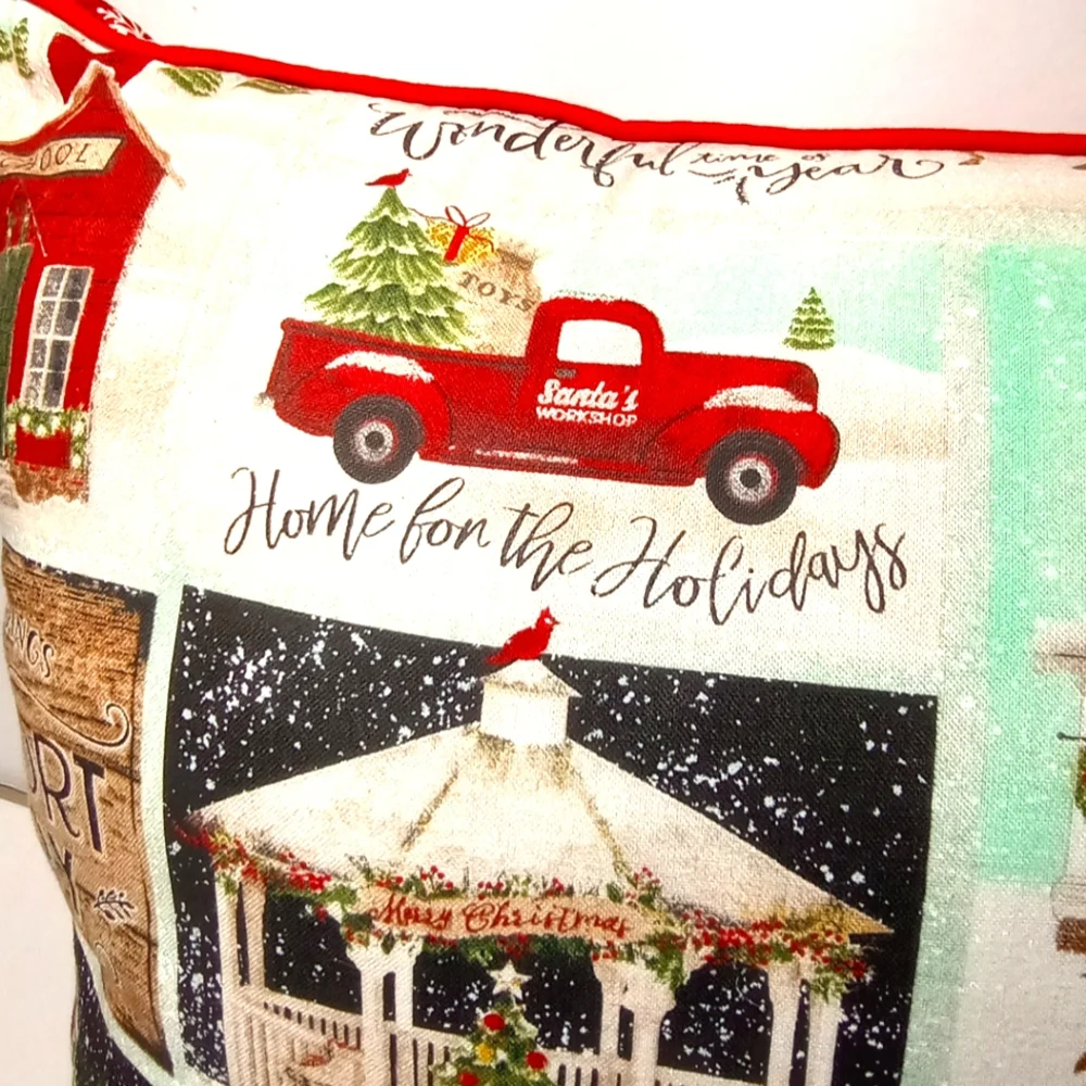 Christmas Red Truck Sleigh Village Pine Trees Snow Flakes Pillow 15